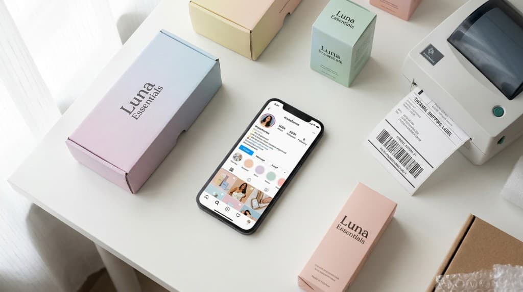 Creator brand packaging, shipping labels, and a phone showing a social profile on a desk