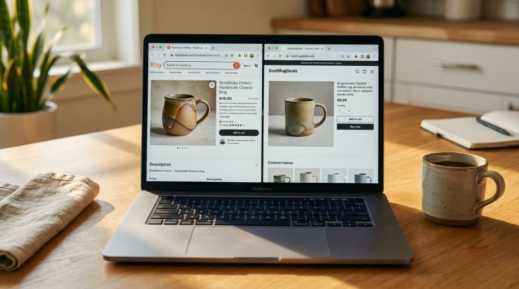 Laptop comparing a handmade Etsy ceramic mug listing with a cheaper AI-generated copycat listing