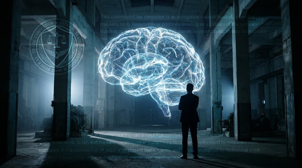 Glowing digital brain in a warehouse with an FTC seal overlay and a figure in a suit observing
