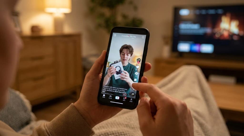 Person watching a TikTok sponsored headphone review with #ad and #sponsored hashtags visible on a phone
