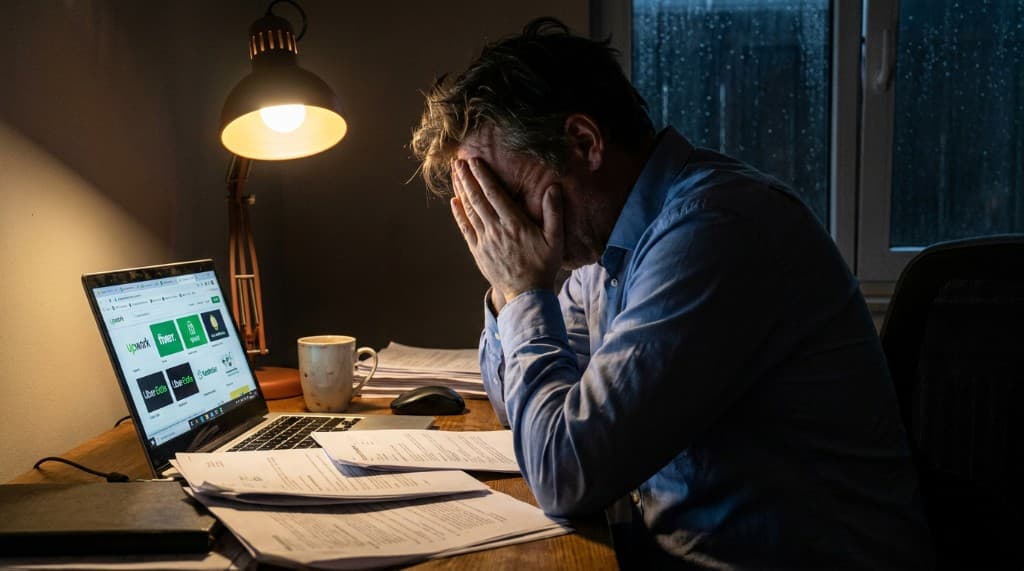Exhausted worker at a desk with gig-economy app logos on a laptop screen late at night